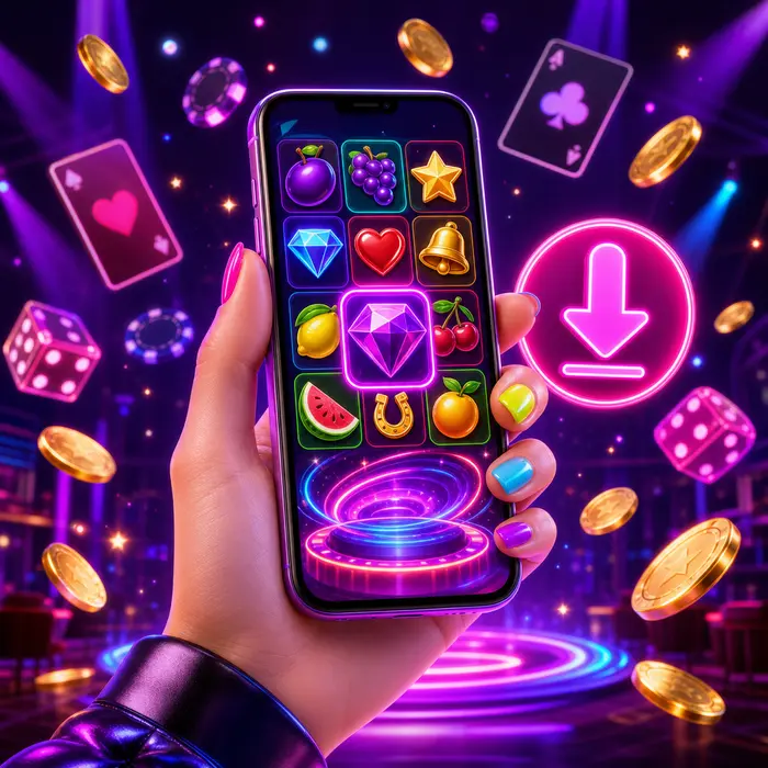 Hand hält ein Smartphone mit einem Slot neben einem leuchtenden Download-Symbol