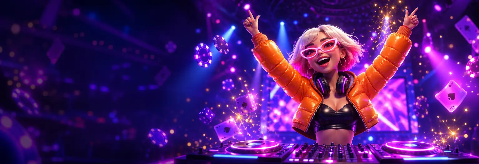 Lachende DJ mit erhobenen Armen
